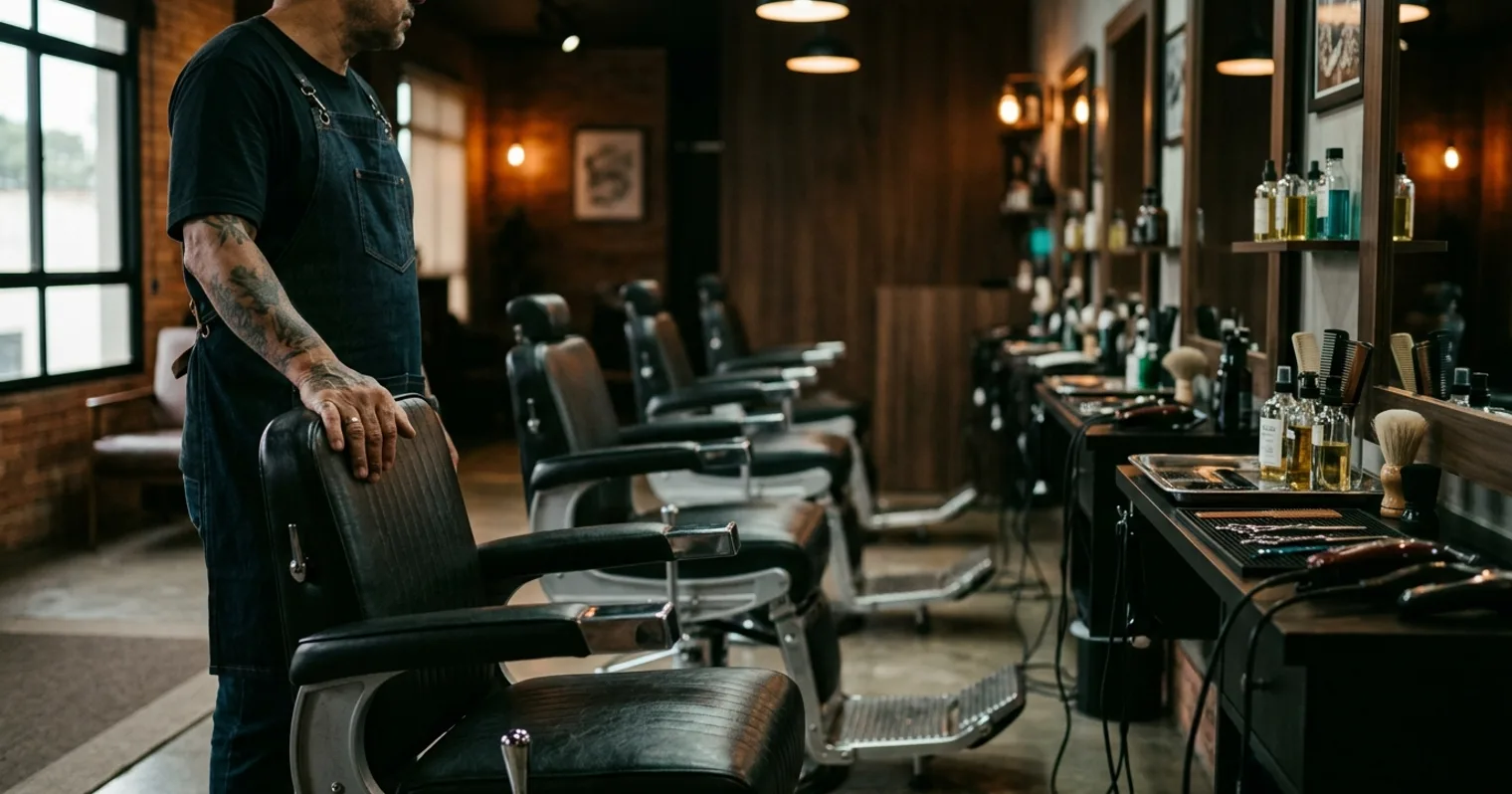 Cadeiras de barbearia vazias e organizadas, prontas para os clientes com horário marcado