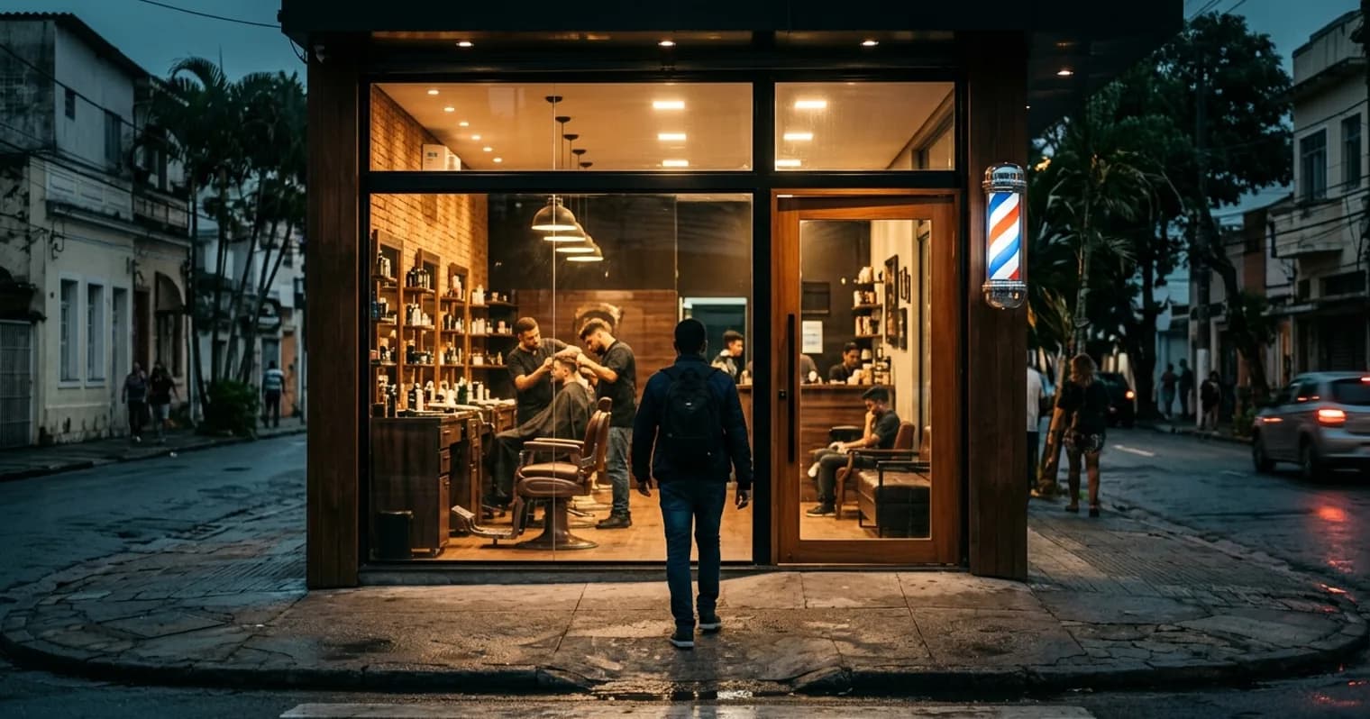 Fachada iluminada de barbearia em rua de bairro ao anoitecer, com pedestre indo até a porta