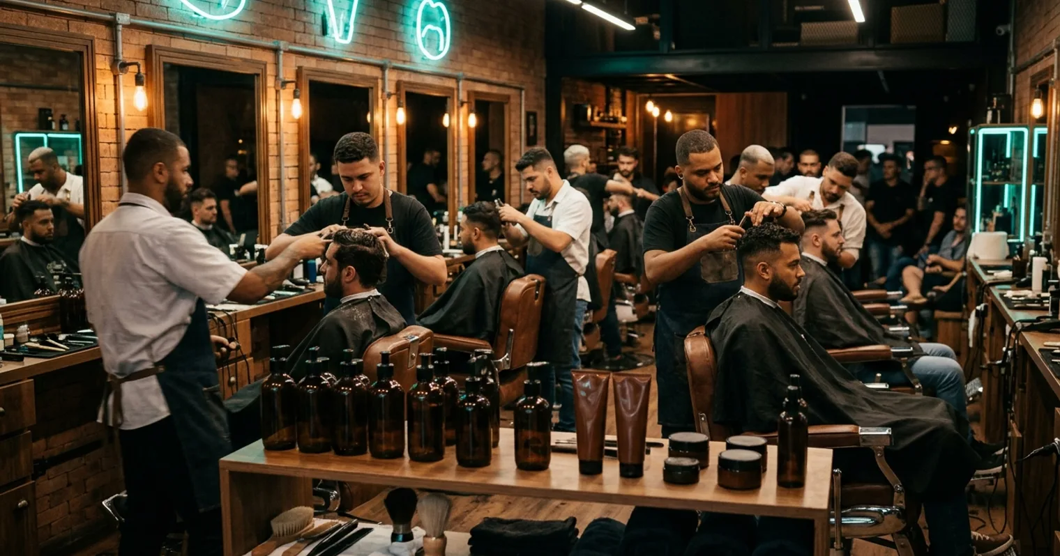 Barbearia movimentada com todas as cadeiras ocupadas e prateleira de produtos em primeiro plano