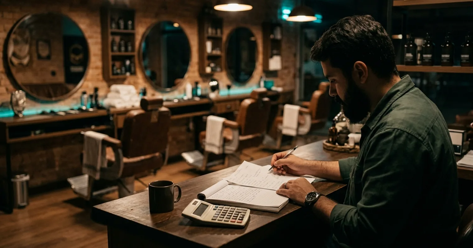 Dono de barbearia revisando anotações e calculadora no balcão depois do expediente