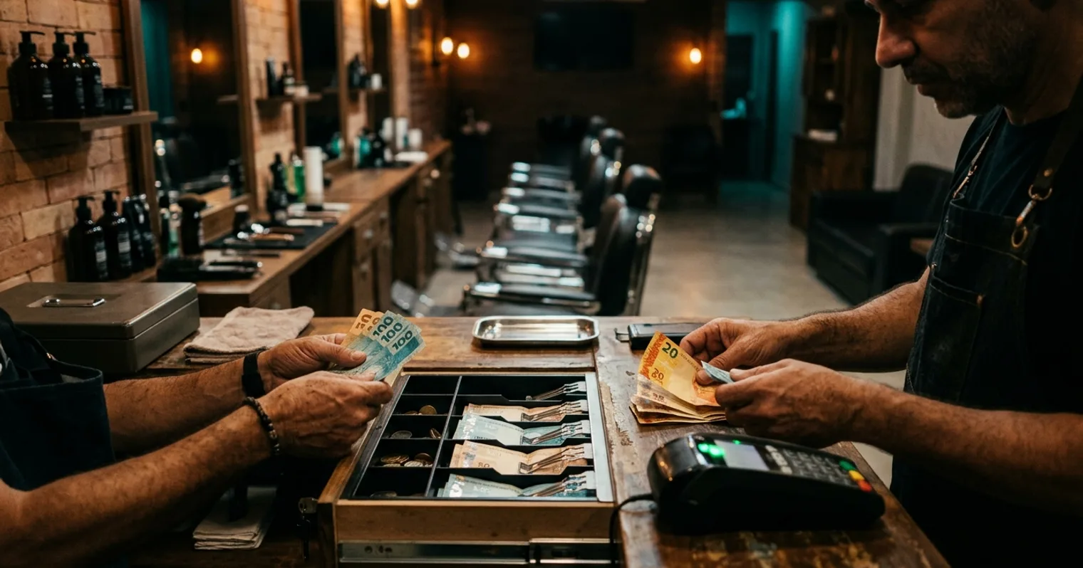 Mãos de barbeiro conferindo o dinheiro do caixa no balcão da barbearia no fim do dia