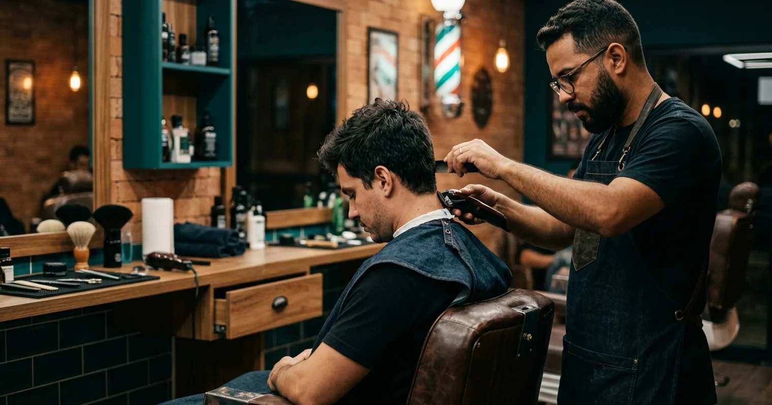 Cliente frequente relaxado na cadeira enquanto o barbeiro finaliza o corte de rotina