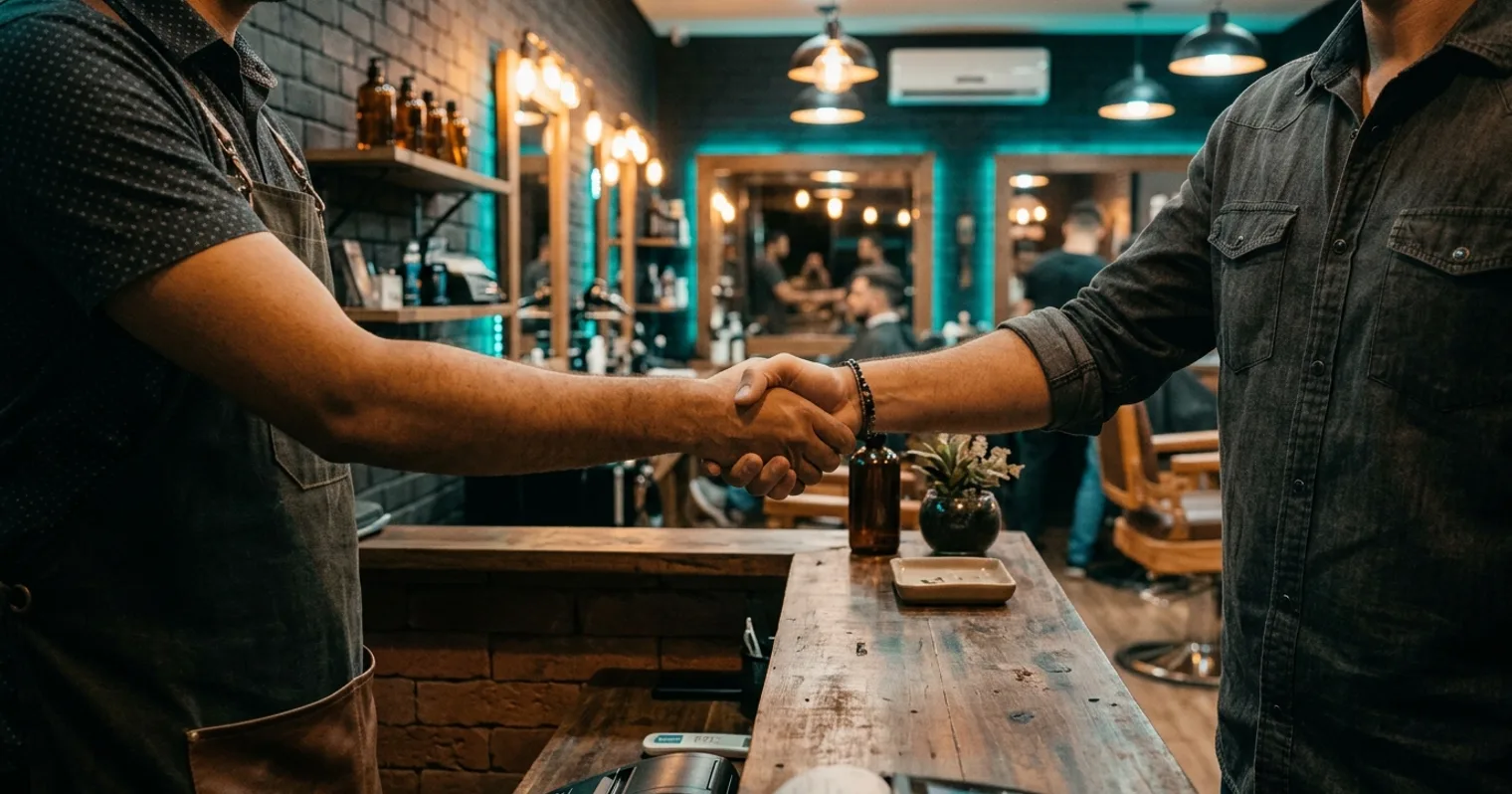 Barbeiro e cliente se cumprimentando com aperto de mão no balcão após o atendimento