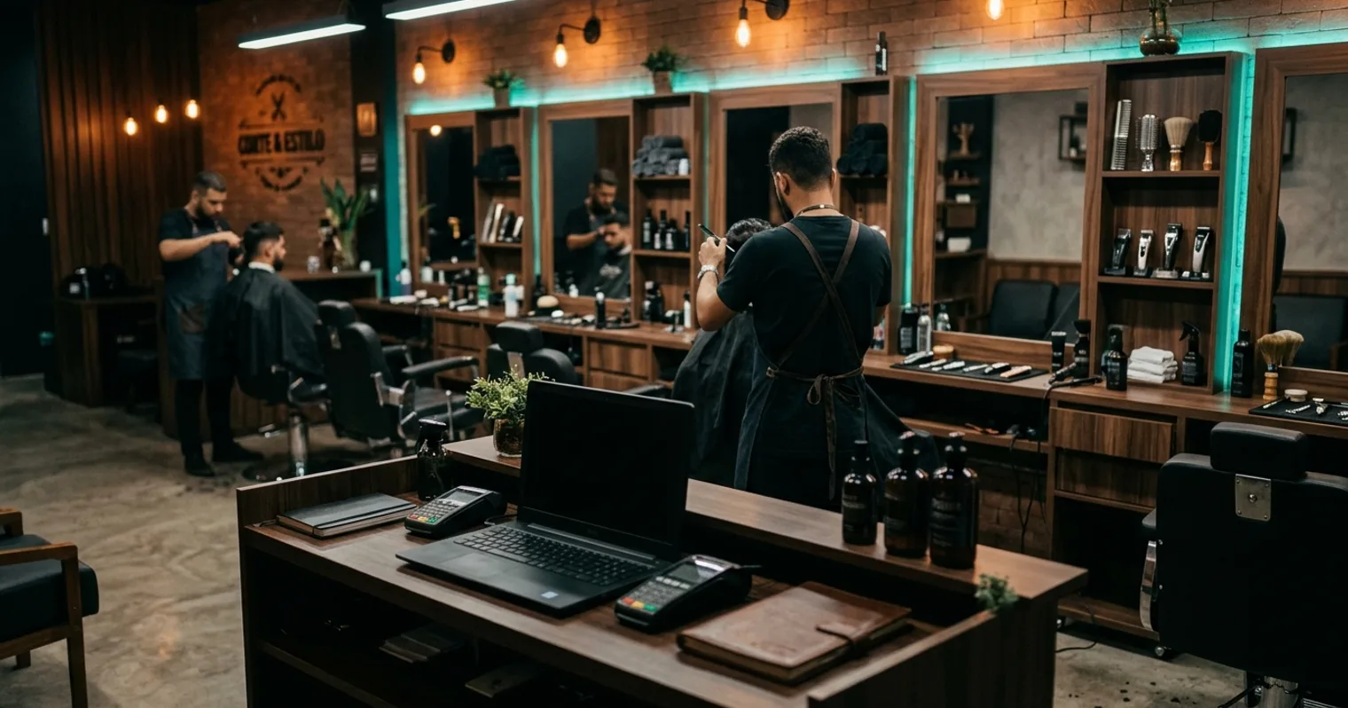 Recepção organizada de barbearia com notebook fechado e estações de trabalho alinhadas ao fundo